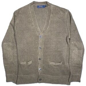 Polo Ralph Lauren Italian Linen Cardigan Sweater Mens M Tan Knit Heritage VTG